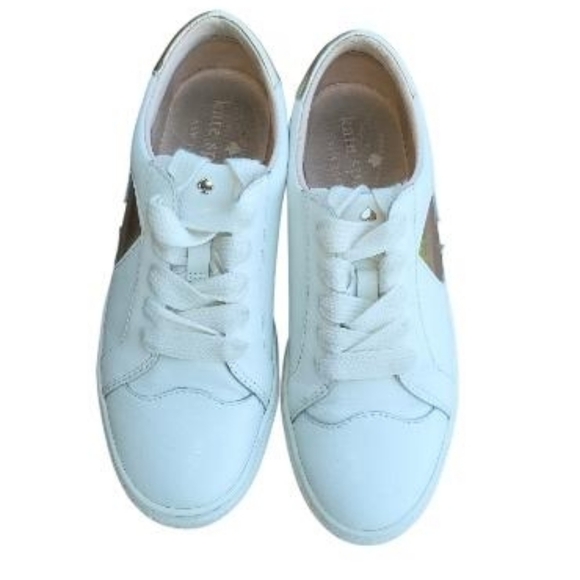 Kate Spade Fez Glitter White Gold Leather Casual Tennis Shoe Sneaker Women 6.5 - Picture 3 of 11